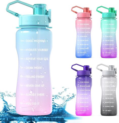 Y&3 64oz Half Gallon Water Bottle with Straw & Time Marker, Leakproof, BPA Free Tritan Water Jug, Motivational Water Bottle with Handle, For Outdoor, Fitness, Gym (Green/Pink Gradient, 64oz) in Saudi Arabia
