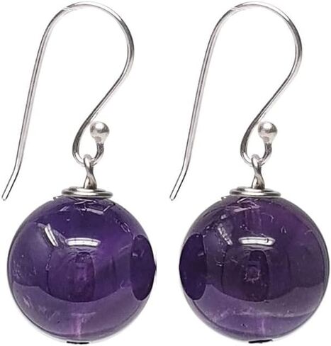 Handmade 14mm Natural Gemstone Sterling Silver Dangle Drop Earrings | Pink agate, Amethyst, Lapis lazuli, Rose Quartz, Turquoise ball Drop Earrings (Rose Quartz) in Saudi Arabia