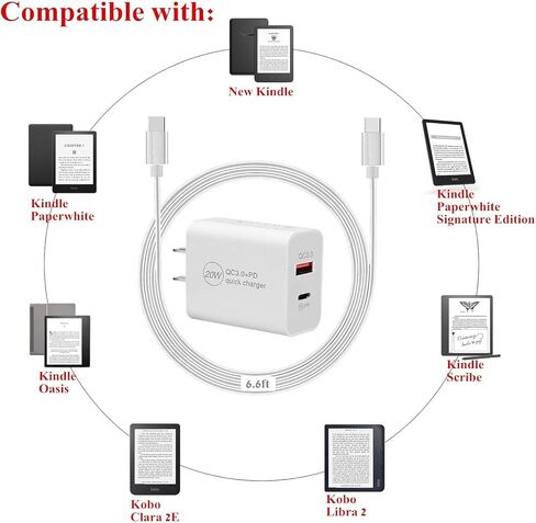 شاحن USB C بقدرة 20 وات PD لأجهزة Kindle وPaperwhite وSignature Edition وScribe وOasis eReader وكتلة شاحن حائط بمنفذ مزدوج مع كابل من النوع C متوافق مع Kobo Clara 2E وLibra 2 eBooks و6.6 قدم in Kuwait
