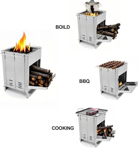 موقد تخييم خشبي محمول، قابل للطي من الفولاذ المقاوم للصدأ موقد شواء حرق الخشب مع شواية للطهي في الهواء الطلق وحقيبة الظهر والتخييم والمشي لمسافات طويلة والنزهة والشواء in Kuwait