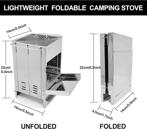 موقد تخييم خشبي محمول، قابل للطي من الفولاذ المقاوم للصدأ موقد شواء حرق الخشب مع شواية للطهي في الهواء الطلق وحقيبة الظهر والتخييم والمشي لمسافات طويلة والنزهة والشواء in Kuwait