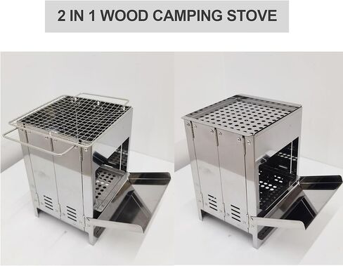 موقد تخييم خشبي محمول، قابل للطي من الفولاذ المقاوم للصدأ موقد شواء حرق الخشب مع شواية للطهي في الهواء الطلق وحقيبة الظهر والتخييم والمشي لمسافات طويلة والنزهة والشواء in Kuwait