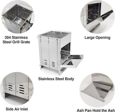 موقد تخييم خشبي محمول، قابل للطي من الفولاذ المقاوم للصدأ موقد شواء حرق الخشب مع شواية للطهي في الهواء الطلق وحقيبة الظهر والتخييم والمشي لمسافات طويلة والنزهة والشواء in Kuwait
