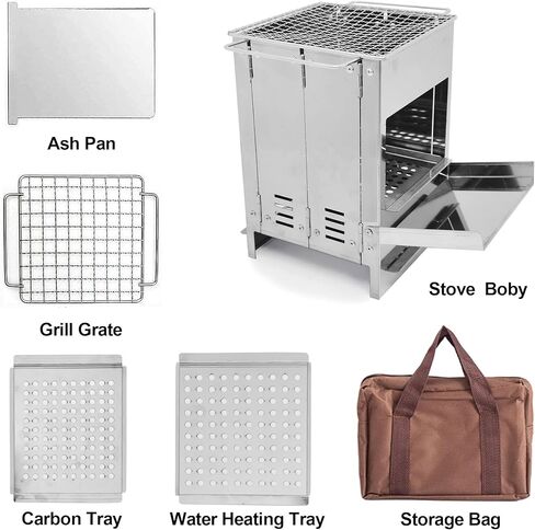 موقد تخييم خشبي محمول، قابل للطي من الفولاذ المقاوم للصدأ موقد شواء حرق الخشب مع شواية للطهي في الهواء الطلق وحقيبة الظهر والتخييم والمشي لمسافات طويلة والنزهة والشواء in Kuwait