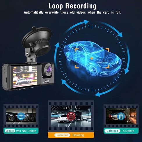 كاميرا قياس 3 قنوات أمامية وخلفية من الداخل، كاميرا قياس 1080 بيكسل FHD للسيارات، مسجل كاميرا سيارة ثلاثي الاتجاهات مع رؤية ليلية بالأشعة تحت الحمراء، تسجيل حلقي، WDR، شاشة وقوف السيارات 24 ساعة، مستشعر G in Kuwait