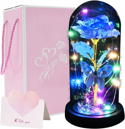 عيد الأم هدايا زهرة الورد للأم من ابنتها، وردة الفراشة الزرقاء المجرة في قبة زجاجية تضيء زهرة الورد الاصطناعية، وردة زجاجية أبدية هدية للمرأة لعيد الأم والذكرى السنوية لعيد الميلاد in Kuwait