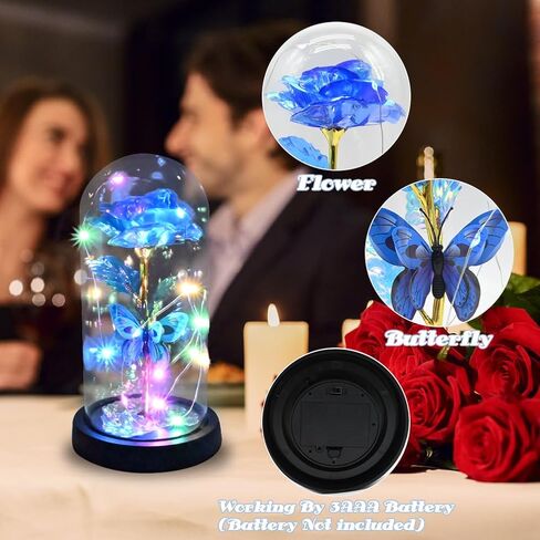 عيد الأم هدايا زهرة الورد للأم من ابنتها، وردة الفراشة الزرقاء المجرة في قبة زجاجية تضيء زهرة الورد الاصطناعية، وردة زجاجية أبدية هدية للمرأة لعيد الأم والذكرى السنوية لعيد الميلاد in Kuwait