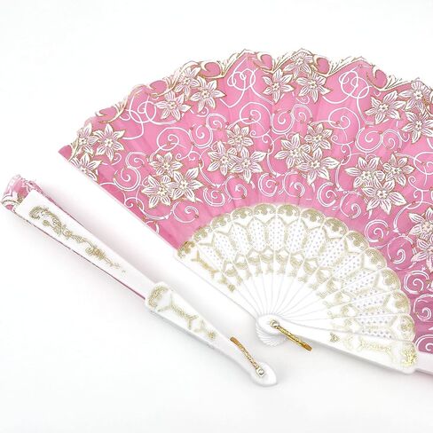 12 Pcs Glitter Floral Pattern For Summer Colorful Folding Fan for Wedding Party Decor/Dancing Hand Fan/table Setting/Wall Decoration (Pink Gold) in Saudi Arabia