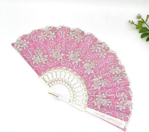 12 Pcs Glitter Floral Pattern For Summer Colorful Folding Fan for Wedding Party Decor/Dancing Hand Fan/table Setting/Wall Decoration (Pink Gold) in Saudi Arabia
