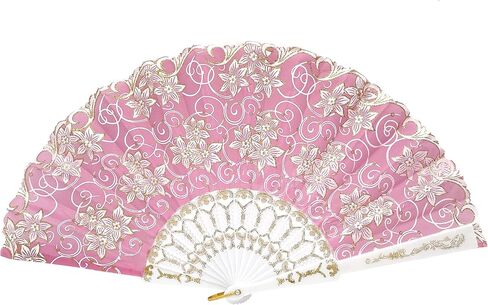 12 Pcs Glitter Floral Pattern For Summer Colorful Folding Fan for Wedding Party Decor/Dancing Hand Fan/table Setting/Wall Decoration (Pink Gold) in Saudi Arabia
