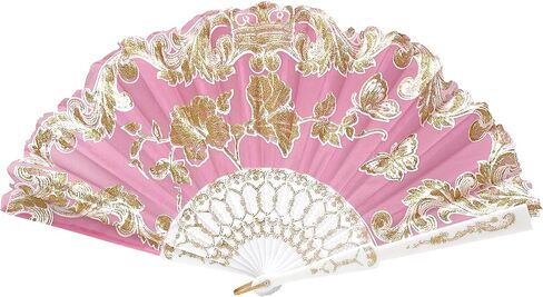 12 Pcs Glitter Floral Pattern For Summer Colorful Folding Fan for Wedding Party Decor/Dancing Hand Fan/table Setting/Wall Decoration (Pink Gold) in Saudi Arabia
