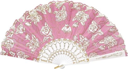 12 Pcs Glitter Floral Pattern For Summer Colorful Folding Fan for Wedding Party Decor/Dancing Hand Fan/table Setting/Wall Decoration (Pink Gold) in Saudi Arabia