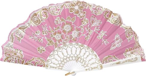 12 Pcs Glitter Floral Pattern For Summer Colorful Folding Fan for Wedding Party Decor/Dancing Hand Fan/table Setting/Wall Decoration (Pink Gold) in Saudi Arabia