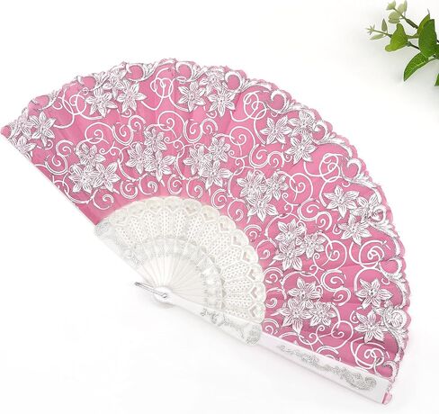 12 Pcs Glitter Floral Pattern For Summer Colorful Folding Fan for Wedding Party Decor/Dancing Hand Fan/table Setting/Wall Decoration (Pink Gold) in Saudi Arabia
