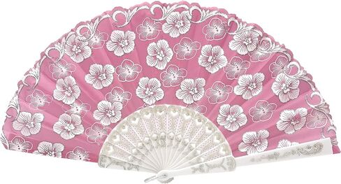 12 Pcs Glitter Floral Pattern For Summer Colorful Folding Fan for Wedding Party Decor/Dancing Hand Fan/table Setting/Wall Decoration (Pink Gold) in Saudi Arabia