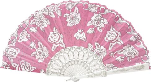 12 Pcs Glitter Floral Pattern For Summer Colorful Folding Fan for Wedding Party Decor/Dancing Hand Fan/table Setting/Wall Decoration (Pink Gold) in Saudi Arabia