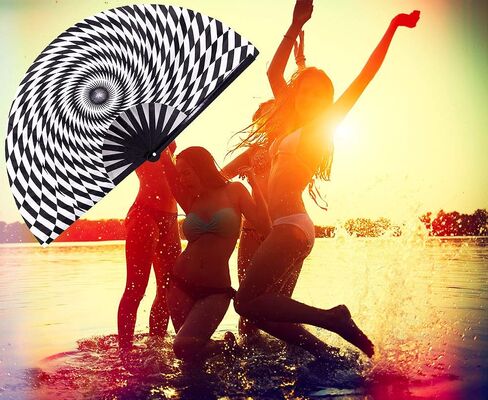 مراوح Amajiji Rave قابلة للطي يدويًا - مروحة قابلة للطي كبيرة الحجم مقاس 13 بوصة من الخيزران للنساء والرجال، مروحة يدوية - ملحقات مهرجان الهذيان للزينة وهدية أداء الرقص (تدوير) in Kuwait