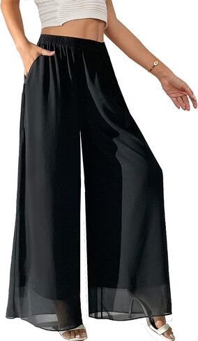بنطلون Palazzo شيفون نسائي من Yehopere بطبقات مزدوجة للصيف بوهو واسع الساق غير رسمي بنطلون صالة in Kuwait