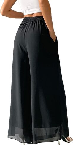 بنطلون Palazzo شيفون نسائي من Yehopere بطبقات مزدوجة للصيف بوهو واسع الساق غير رسمي بنطلون صالة in Kuwait