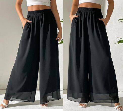 بنطلون Palazzo شيفون نسائي من Yehopere بطبقات مزدوجة للصيف بوهو واسع الساق غير رسمي بنطلون صالة in Kuwait