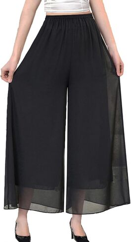 بنطلون Palazzo شيفون نسائي من Yehopere بطبقات مزدوجة للصيف بوهو واسع الساق غير رسمي بنطلون صالة in Kuwait