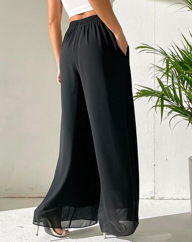 بنطلون Palazzo شيفون نسائي من Yehopere بطبقات مزدوجة للصيف بوهو واسع الساق غير رسمي بنطلون صالة in Kuwait