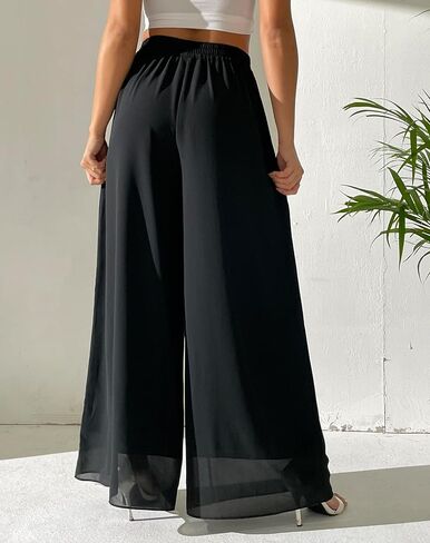 بنطلون Palazzo شيفون نسائي من Yehopere بطبقات مزدوجة للصيف بوهو واسع الساق غير رسمي بنطلون صالة in Kuwait