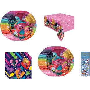 Trolls Birthday Party Supplies Bundle includes 16 Dessert Cake Plates, 16 Napkins, 1 Plastic Table Cover, 1 Dinosaur Sticker Sheet