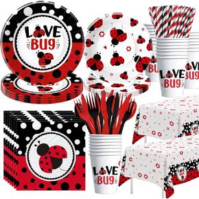 Ladybug Birthday Party Decorations Tableware, Ladybug Party Supplies Girl, Plate, Cup, Napkin, Tablecloth, Cutlery, Straw, Lady Bug Theme Birthday Baby Shower Decorations Dinnerware | Serve 24