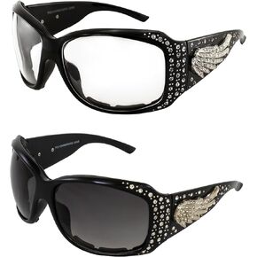 Angel Plus Padded Motorcycle Sunglasses Womens 2 Pair Black Frame Rhinestone Sunglasses w/Silver Wing Accent Clear & Gradient Smoke Lenses