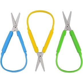 3pcs Mini Squeeze Scissors, Lefty Support Loop Scissors for Toddlers 5 Inch Adaptive Design Preschool Training Scissors (3, Blue+Yellow+Green)
