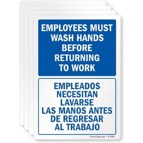 SmartSign 10 x 7 inch “Employees Must Wash Hands Before Returning To Work" Office Bathroom Bilingual Sign, 55 mil HDPE Plastic, Blue and White, Made in USA