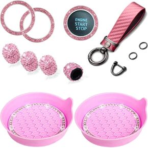 Bling Car Accessories Set 9PCS，Car Cup Holder Coasters, Car Keychain，Car Engine Start Stop Decoration Ring, Car Tire Valve Stem Caps， Crystal Rhinestone Car Interior Decoration (Bling Pink)