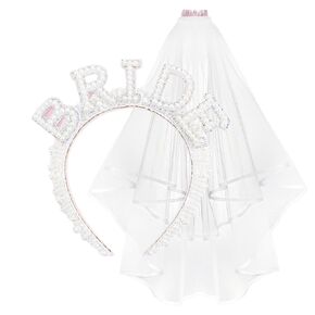 Pearl Brid Headband + Bride Veil Set for Women and Girls, Bachelorette Party Decorations Bridal Headband for Wedding White Pearl Headpiece, Bridal Shower Decorations Bridesmaid Favors Gift