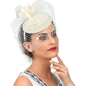 Women's Vintage Fascinator Hats 20s 50s Pillbox Hat Derby Feather Fascinators Veil Mesh Tea Party Wedding Cocktail Headwear