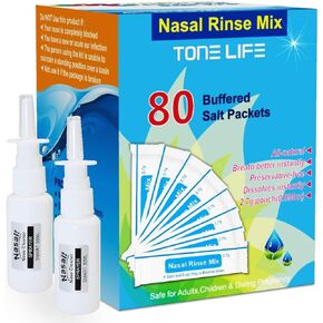 TONELIFE 80 قطعة من عبوات محلول ملحي للعناية بالأنف + 2 بخاخ أنف - ملح الأنف 2.7 جم لكل كيس | مجموعة إعادة الملء | 80 علبة ملح مخزنة | ل 300 مللي 500 مللي طقم شطف الجيوب الأنفية-منظف الأنف-زجاجة غسيل الأنف in Kuwait