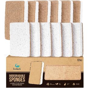 Plant-Based Kitchen Sponges - Natural, Eco-Friendly, Biodegradable Sisal Hemp Sponges for Dishes, Cleaning Sponge for Kitchen, Bathroom, Household - 12 Count