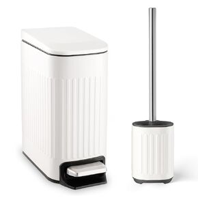 Bathroom Trash Can with Toilet Brush - 1.6 Gallon Slim Stainless Steel Garbage Can, Small Wastebasket for Bathroom, Office, Bedroom, Silicone Toilet Brush Included, White