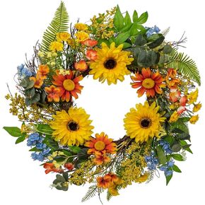 Briful 20’’ Artificial Sunflowers Wreath Spring Summer Faux Wildflowers in Green Floral Wreath for Home Farmhouse Door Mantle Kitchen Decor