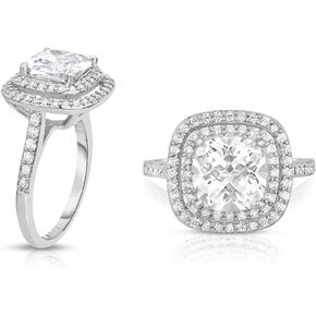 Womens White Gold Plated Dual Halo Engagement Ring with Cushion Cut Center Stone
