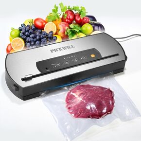 Vacuum Sealer Machine, 80kPa Automatic Food Vacuum Sealer Built-in Cutter plus Starter Kit (Bags & Roll), Dry & Moist Food Preservation Modes, Built-in Cutter plus Starter Kit (Silver)