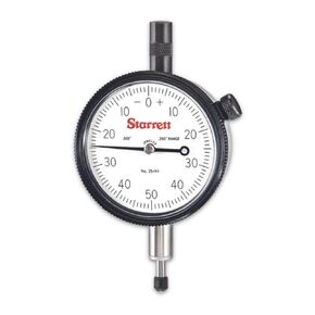 Starrett 25 Series Dial Indicator with Jewel Bearings and Lug-On-Center Back - White Face, 0-.250" Range, 0-50-0 Balanced Dial, 001" Graduations - 25-141J