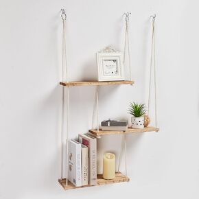 Lunkeon 3 Tier Macrame Wall Hanging Shelves Boho Room Decor Handmade Cotton Rope,Wooden Hanging Storage Floating Shelves for Small Plants Books Decor,Living Bedroom Room Bedroom