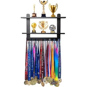Defined Deco Large Wooden Medal Hanger Trophy Shelf,Wall Mounted Race Medal Display 2 Tier Storage Shelf, Medal Holder Trophy Rack with Hanging Hooks for Gymnastics,Soccer,Running Medals Awards Rack