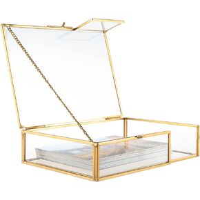 Feyarl Gold Clear Glass Photo Mail Letter Box Bill Greeting Cards Keepsake Jewelry Trinket Shadow Organizer Collection Display Case Decorative Box with Lid for Home Deco Office Table