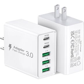 [2-Pack] USB C Wall Charger, 50W 5-Port PD Fast USB C Charging Block,2USB C+3USB A Multiport Plug,Type C Power Adapter Brick Cube for iPhone 15/14/13/12/11/Pro Max/XS/XR,iPad,MacBook,Samsung,Tablet