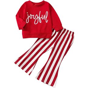 Baby Girls Halloween Christams Clothes Letter Pumpkin Print Pullover Sweatshirt Tops Elastic Flare Pants Set Outfits (Red Stripe, 12-18 Months)