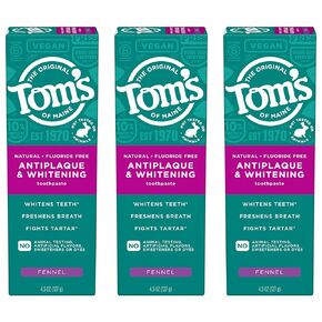 Tom’s of Maine Antiplaque and Whitening Toothpaste, Fluoride Free, Fennel, 3 Pack, 4.5 Oz