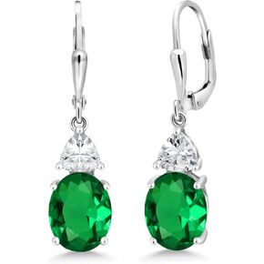 Gem Stone King 925 Sterling Silver Green Nano Emerald and White Zirconia Dangle Earrings For Women (4.40 Cttw, Gemstone May Birthstone, Oval 10X8MM, Trillion 5MM)
