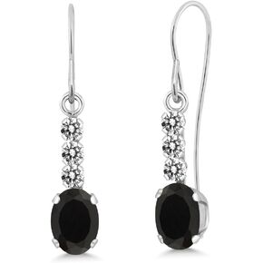 Gem Stone King 10K White Gold Black Onyx and White Diamond Drop Dangle Earrings For Women (0.98 Cttw, Gemstone December Birthstone, Oval 6X4MM)